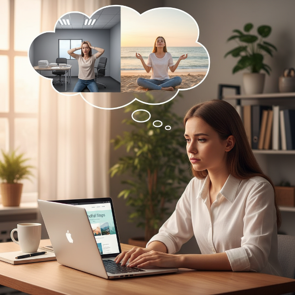 צעירה יושבת ליד מחשב עם אתר ייעוץ, ומעליה שני בועות מחשבה: אחת מראה חרדה בחדר סגור והשניה הרגעה עצמית.