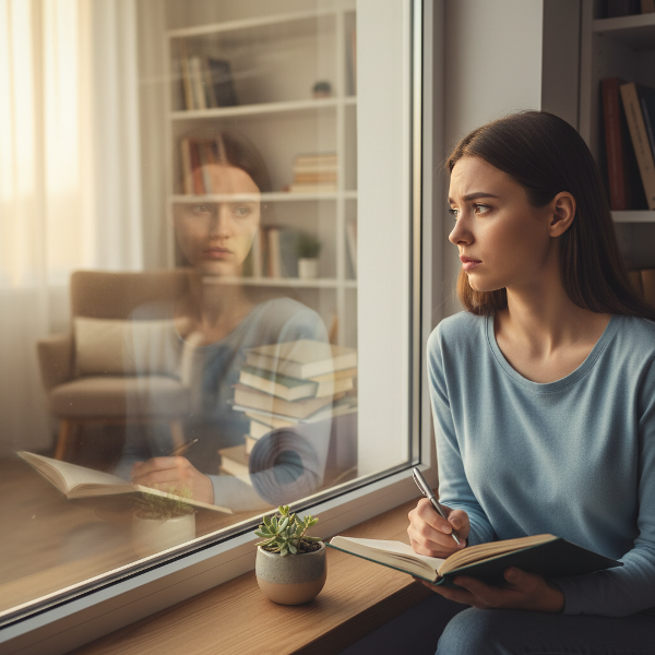 סטודנטית צעירה יושבת בחדר שקט עם יומן, מביטה בהשתקפותה בחלון שבה נראים סמלי הלחצים החיצוניים בחייה, בעוד אור רך מאיר את פניה המהרהרות.
