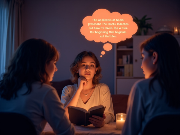 אישה צעירה בחדר מואר בעדינות, מוקפת בדמויות מעומעמות המייצגות שיפוט חברתי, בעוד אור חם וטקסט עברי מסמלים הקשבה עצמית רכה ותהליך של בניית ביטחון.