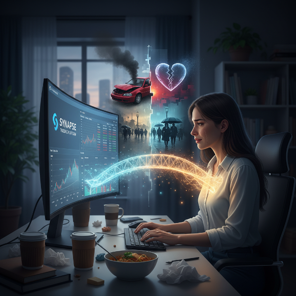 אישה צעירה מול מחשב עם מסך מפוצל בין פלטפורמה מקצועית לבין דימויים רגשיים כאוטיים, גשר של אור מחבר בין גרסאות שונות שלה.