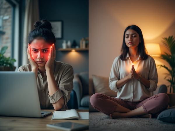 एक युवा महिला ऑफिस और घर के वातावरण में तनाव और गुस्से का अनुभव करते हुए, और फिर शांत होने के लिए गहरी साँस लेने का अभ्यास करते हुए।