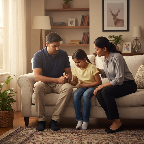 एक चिंतित पिता और सहानुभूतिपूर्ण माँ अपनी 8 साल की बेटी से बात कर रहे हैं, जो स्कूल जाने से डरती है और पेट दर्द की शिकायत करती है। यह दृश्य पारिवारिक समर्थन और भावनात्मक संकट को दर्शाता है।