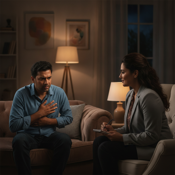 एक 43 वर्षीय व्यक्ति रात में सोफे पर बैठा है, चिंतित और सीने में दबाव महसूस कर रहा है, सामने एक सहानुभूतिशील महिला मनोवैज्ञानिक बैठी है जो ध्यान से सुन रही है।