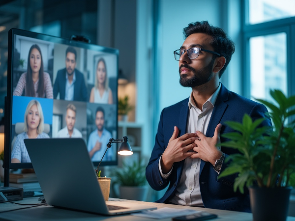 एक युवा सॉफ्टवेयर इंजीनियर कार्यालय में चिंतित अवस्था में है, जो सामाजिक चिंता और घबराहट के दौरे को दर्शाता है, लेकिन परिवेश में शांति का एक आश्वासन भी है।