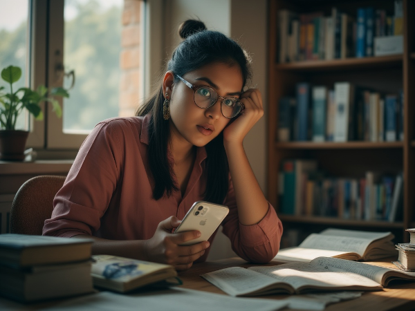 एक युवा छात्रा पुस्तकालय में बैठी है, उसके चेहरे पर चिंता और भय के भाव हैं, हाथ में फोन पकड़े हुए।