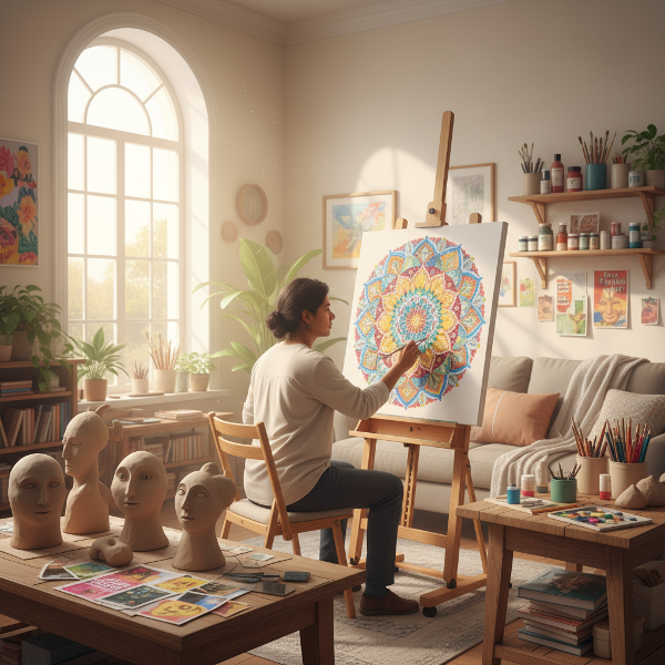 एक शांत कला चिकित्सा सत्र दिखाती छवि, जहाँ एक व्यक्ति दोनों हाथों से रंगीन मंडला बना रहा है, जो अवसाद और आघात से उबरने में रचनात्मक अभिव्यक्ति के उपचारात्मक प्रभाव को दर्शाता है।