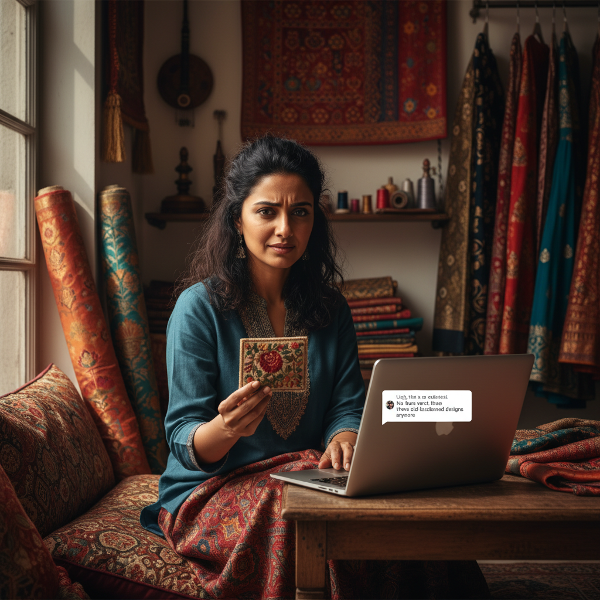 एक कलाकार अपने रंगीन स्टूडियो में बैठी है, जो अपनी हस्तनिर्मित कला और लैपटॉप पर दिख रही एक नकारात्मक ऑनलाइन टिप्पणी के बीच के आंतरिक संघर्ष को दर्शाती है।
