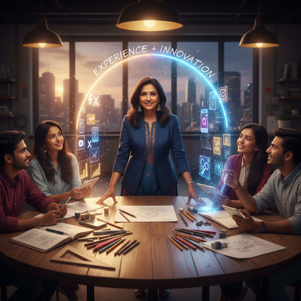 एक अनुभवी महिला नेता पारंपरिक डिज़ाइन और डिजिटल दुनिया के बीच सेतु बनाते हुए, युवा टीम के साथ सहयोग और मार्गदर्शन कर रही है।