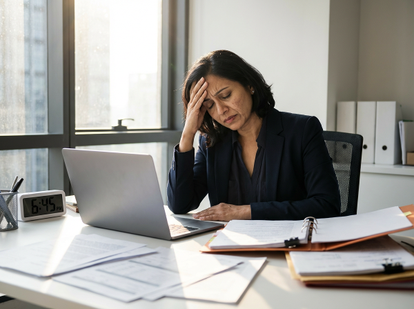 एक युवा पेशेवर महिला कार्यालय में बर्नआउट और थकान का अनुभव करते हुए, सिरदर्द और तनाव के साथ बैठी है।