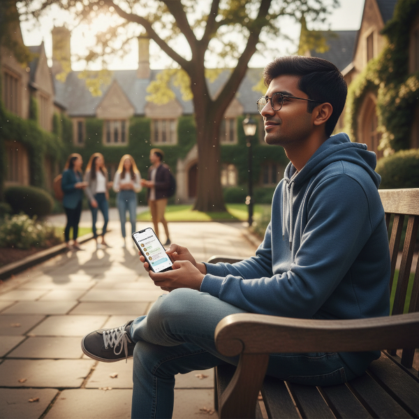 एक युवा छात्र कॉलेज परिसर में एक बेंच पर अकेले बैठा है, दूर अन्य छात्रों के समूह को देख रहा है। उसके चेहरे पर अकेलेपन और आशा की मिली-जुली भावना है।