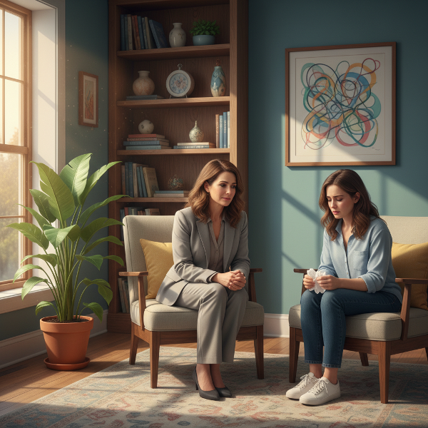 एक सहानुभूतिपूर्ण मनोवैज्ञानिक अपने कार्यालय में एक उदास ग्राहक को धैर्यपूर्वक सुन रही हैं, जो आशा और समर्थन का वातावरण दर्शाता है।