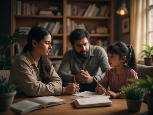 एक सहानुभूतिपूर्ण मनोवैज्ञानिक अपनी संवेदनशील बेटी से बातचीत करते हुए, जबकि पृष्ठभूमि में पिता उपस्थित हैं, एक सुरक्षित और सुधार के भाव वाले घरेलू वातावरण में।