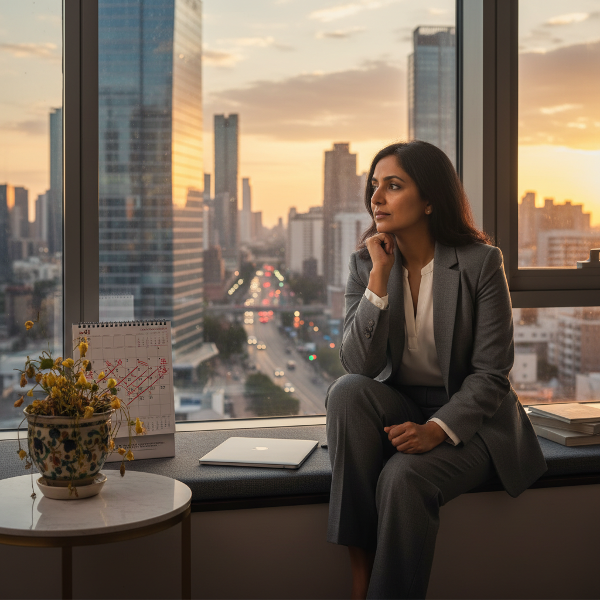 एक कॉर्पोरेट पेशेवर महिला शाम के समय खिड़की के पास बैठी है, बंद लैपटॉप और मुरझाए पौधे के साथ, जो उसके भावनात्मक संघर्ष और वर्कहॉलिज़म के चक्र को दर्शाता है।