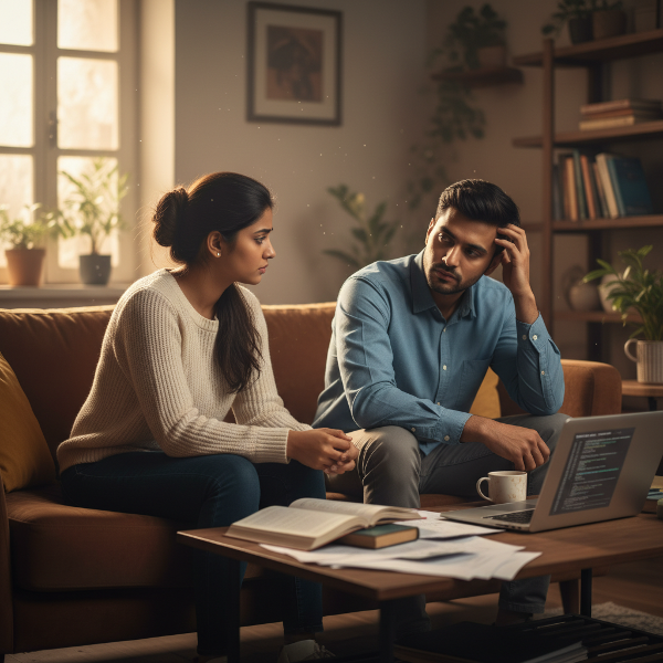 एक युवा जोड़ा घर पर सोफे पर बैठा है, भावनात्मक दूरी और फिर से जुड़ने की आवश्यकता को दर्शाता हुआ दृश्य।