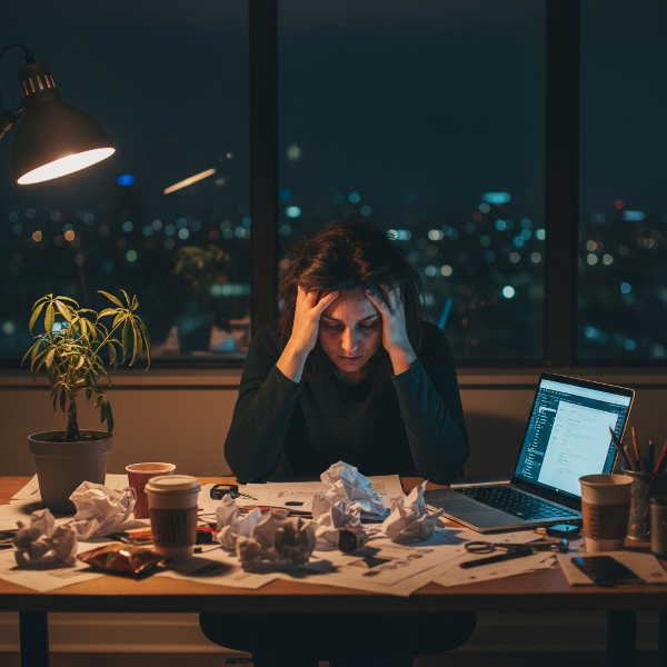 एक युवा महिला क्रिएटिव डायरेक्टर देर रात एक अव्यवस्थित डेस्क पर बैठी है, थकान और बर्नआउट का अनुभव कर रही है।