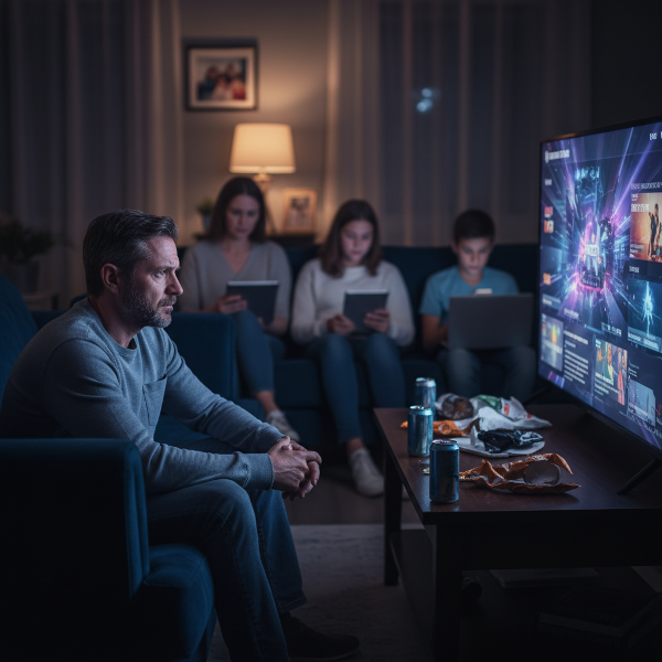 एक मध्यम आयु वर्ग का व्यक्ति रात में टीवी पर बिंज देखते हुए, थका हुआ और अलग-थलग महसूस कर रहा है, जबकि पृष्ठभूमि में उसका परिवार है।
