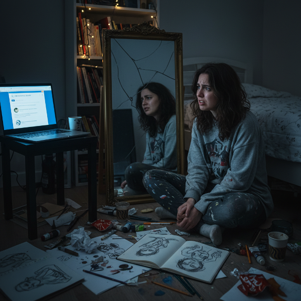 एक उदास कमरे में एक युवा कला छात्रा दरार वाले दर्पण में अपने परेशान चेहरे को देख रही है, जो उसकी आंतरिक पीड़ा और वास्तविकता से अलगाव को दर्शाता है।