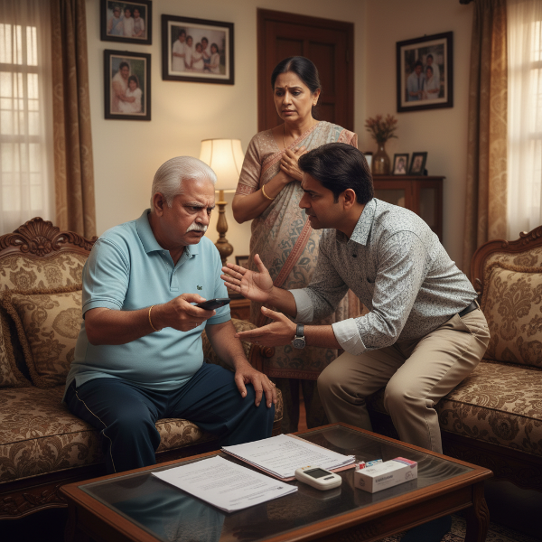 एक बुजुर्ग मधुमेह रोगी का क्रोधित व्यवहार और उससे चिंतित परिवार के सदस्यों का दृश्य, जो मनोवैज्ञानिक समस्या और सहायता की आवश्यकता को दर्शाता है।