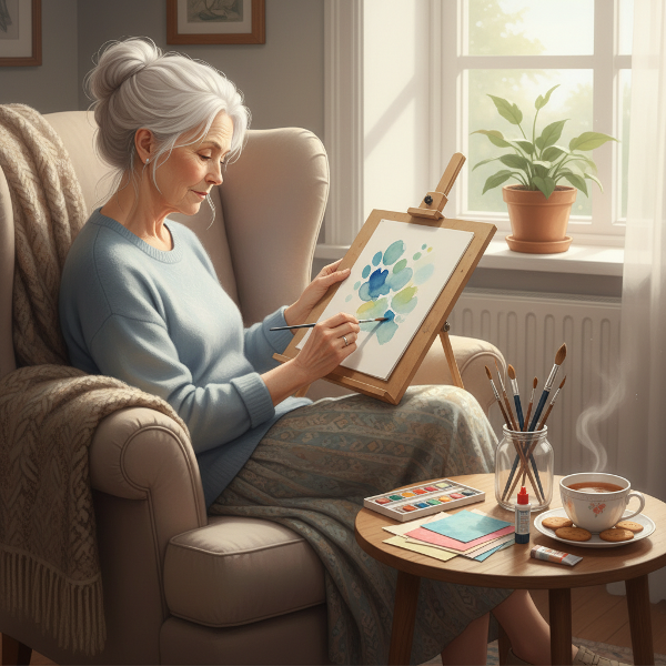 एक वरिष्ठ महिला आराम से कुर्सी पर बैठी हुई कोमल धूप में सरल जलरंग चित्रकारी कर रही है, जो सीमित ऊर्जा में सृजनात्मक अभिव्यक्ति को दर्शाता है।
