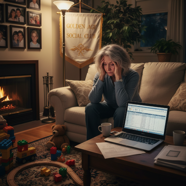 एक 60 वर्षीया पूर्व प्रिंसिपल, जो पोते-पोतियों की देखभाल और क्लब के कामों से थकी हुई है, एक आरामदायक कमरे में बैठी है। उसके चारों ओर खिलौने और एक लैपटॉप बिखरे हैं। वह अपना सिर पकड़े हुए है और दीवार पर लगे परिवार के फोटो देख रही है।