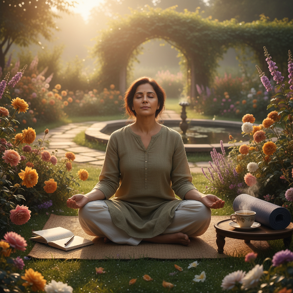 एक 57 वर्षीय महिला प्रातःकालीन बगीचे में ध्यानमग्न, शांतिपूर्ण मुद्रा में बैठी है, जो चिंता प्रबंधन और आत्म-देखभाल का प्रतीक है।