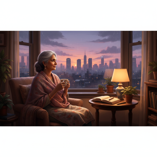 एक वृद्ध महिला शाम के समय खिड़की के पास चाय पीते हुए शहर के दृश्य को देख रही है, जो अकेलेपन और आशा की मिली-जुली भावना को दर्शाता है।