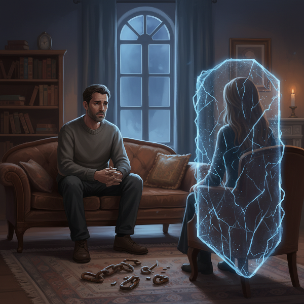 एक आदमी और औरत एक कमरे में बैठे हैं, लेकिन उनके बीच भावनात्मक दूरी और एक टूटी हुई कड़ी दिख रही है, जो रिश्ते में चुप्पी और अलगाव को दर्शाती है।