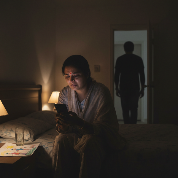 एक उदास महिला अकेले बैठी है, जबकि उसके पति दूर जाते हुए दिखाई दे रहे हैं, जो उनके विवाह में भावनात्मक दूरी और तनाव को दर्शाता है।