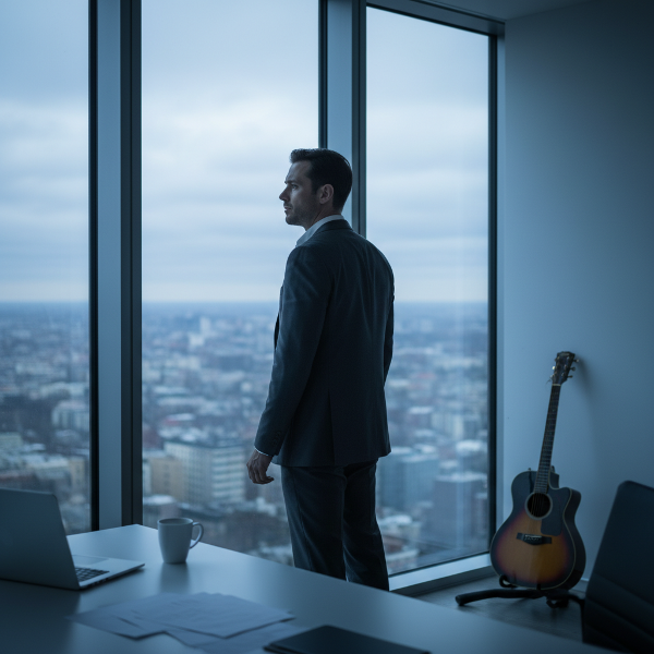 एक 35 वर्षीय सॉफ्टवेयर इंजीनियर खिड़की से बाहर देख रहा है, उसके चेहरे पर उदासीनता और भावनात्मक सुन्नपन है। उसका गिटार कोने में पड़ा है, जो उसके पुराने शौक की उपेक्षा को दर्शाता है।