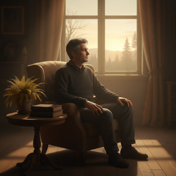 एक अकेले व्यक्ति का चित्र जो भावनात्मक सुन्नता का अनुभव कर रहा है, लेकिन खिड़की से आती रोशनी आशा का संकेत देती है।