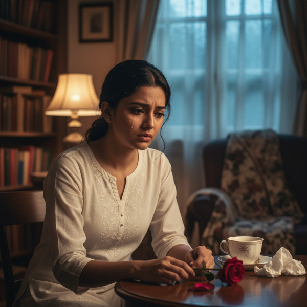 एक युवा महिला भावनात्मक उथल-पुथल और एक रिश्ते में अस्थिरता को दर्शाते हुए अकेले बैठी है, जिसके पास एक मुरझाया हुआ फूल पड़ा है।