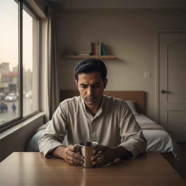 एक 35 वर्षीय पुरुष एक खाली, चमकदार कप में अपने प्रतिबिंब को देखते हुए, भीड़-भाड़ वाले शहर की पृष्ठभूमि में अकेले बैठा है। यह दृश्य आत्म-खोज, अंतर्मुखता और आंतरिक शून्यता की भावना को दर्शाता है।