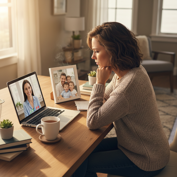एक युवा उद्यमी महिला अपने होम ऑफिस में बैठकर एक ऑनलाइन मनोवैज्ञानिक से परामर्श कर रही है, जबकि वह अपने व्यक्तिगत जीवन और कार्य के तनाव के बीच संतुलन ढूंढ रही है।