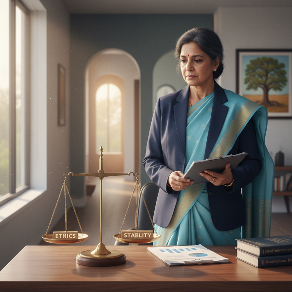 एक वरिष्ठ पेशेवर महिला नैतिकता और स्थिरता के बीच संतुलन तलाशते हुए, अपने कार्यालय में चिंतनमग्न बैठी हैं।