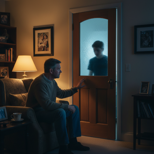 एक चिंतित पिता बंद कमरे के दरवाजे की ओर देख रहा है, जिसके पीछे किशोर बेटा कंप्यूटर स्क्रीन की रोशनी में बैठा है। यह दृश्य पीढ़ियों के बीच की दूरी और संवाद की चुनौती को दर्शाता है।