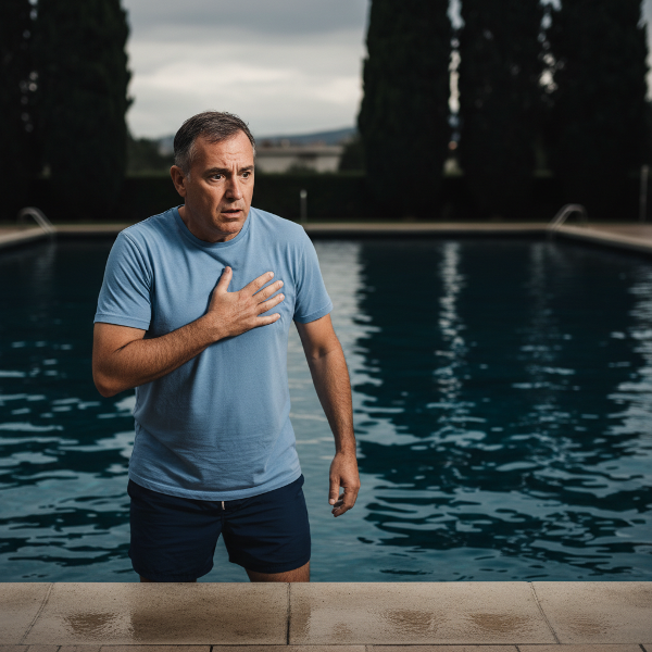 एक व्यक्ति तैराकी के पूल के किनारे डर और चिंता के साथ खड़ा है, जो पानी के प्रति उसके भय को दर्शाता है।