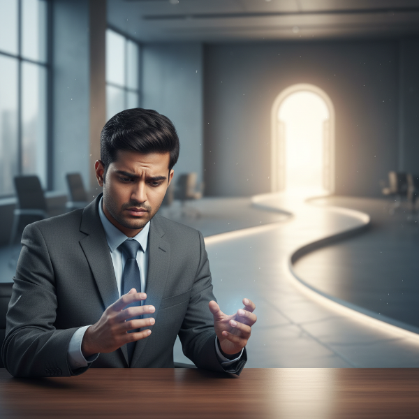 एक युवा पुरुष सफलता के डर से जुड़ी मनोशारीरिक प्रतिक्रिया का अनुभव कर रहा है, जिसमें उसके हाथों में सुन्नता के प्रतीकात्मक दृश्य के साथ आंतरिक संघर्ष दिखाया गया है।