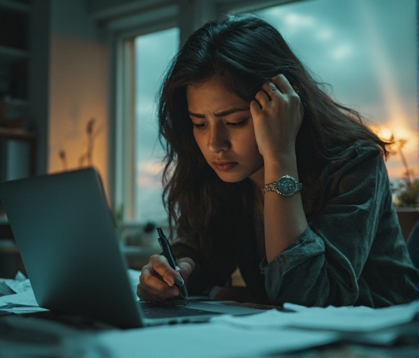 एक 30 वर्षीय महिला लेखिका अपने लैपटॉप पर काम करते हुए चिंतित और आत्म-संदेह में डूबी हुई, जो एआई की तुलना से उपजी भावनात्मक समस्या को दर्शाती है।