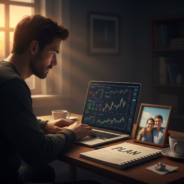 एक युवक रात में वित्तीय चिंताओं से घिरा है, लेकिन उसके आसपास योजना की नोटबुक और परिवार की तस्वीर आशा का संकेत देती है।