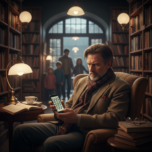 एक 50 वर्षीय पूर्व शिक्षक अपनी बुकस्टोर में देर रात चेस पज़ल देखते हुए, परिवार से दूरी और आंतरिक संघर्ष को दर्शाता हुआ चित्र।