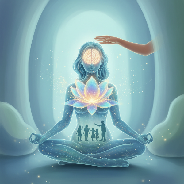 एक महिला ध्यानमग्न है, जिसके पारदर्शी शरीर में चमकता मस्तिष्क दिख रहा है। नीले-हरे प्रकाश में बचपन के तनाव की धुंधली यादें और एक एकीकृत कमल का फूल दिखाई दे रहा है, जो गेस्टाल्ट थेरेपी और साइकोसोमैटिक उपचार को दर्शाता है।