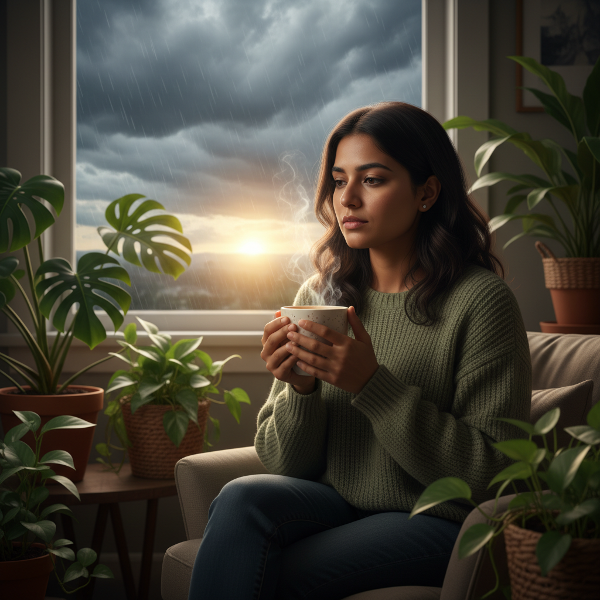 एक युवा महिला शांत कमरे में बैठी है, जो आघात और विश्वासघात के बाद आत्म-देखभाल और आशा की यात्रा को दर्शाती है।