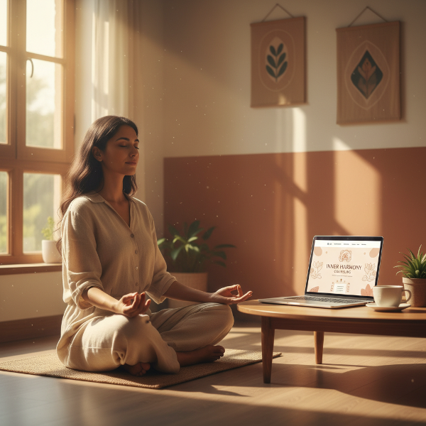 एक युवा महिला ध्यान की मुद्रा में शांतिपूर्वक बैठी है, जो आघात से उबरने और आत्म-देखभाल की यात्रा को दर्शाती है।