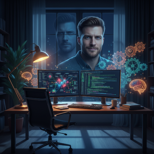 एक व्यक्ति अपने डेस्क पर बैठा है, जहाँ उसके कंप्यूटर स्क्रीन पर मनोविज्ञान के चार्ट और कोड दिख रहे हैं। उसका चेहरा आत्मविश्वासी है, लेकिन खिड़की में परछाई में संदेह झलकता है।