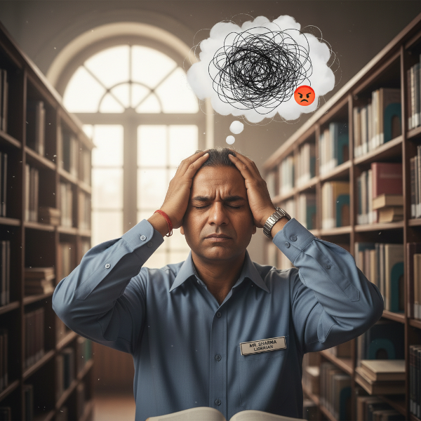 एक मध्यम आयु वर्ग के पुस्तकालय प्रबंधक को कार्यस्थल के तनाव और अचानक आए क्रोध का सामना करते हुए दिखाया गया है, जो पुस्तकों से घिरे शांत वातावरण में आंतरिक उथल-पुथल को दर्शाता है।