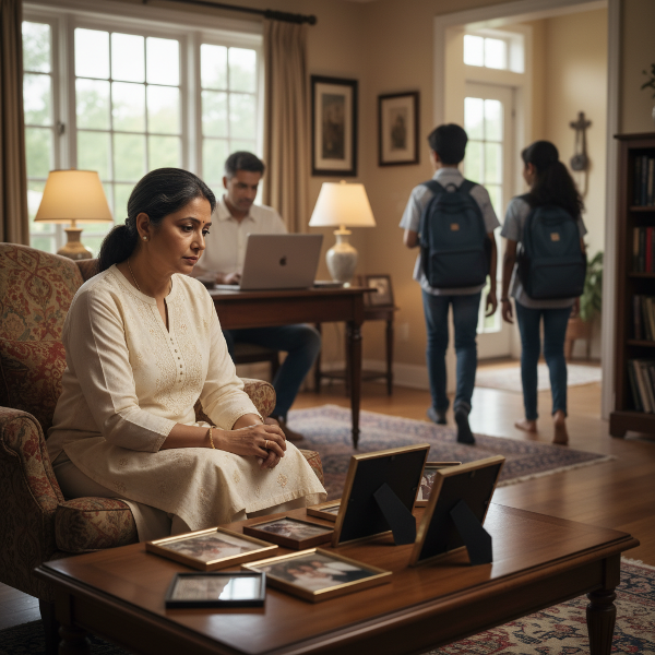 एक मध्यम आयु की महिला अपने नए परिवार में अकेलापन और भावनात्मक दूरी महसूस करती हुई, जबकि उसके पति काम में और बच्चे दूरी बनाए हुए हैं।