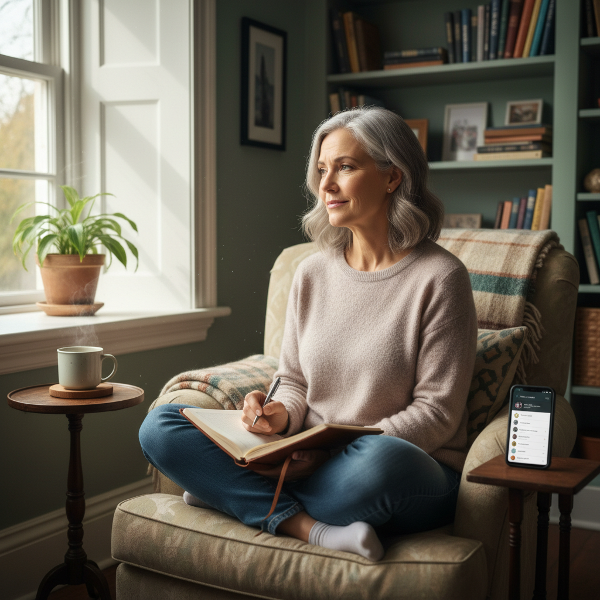 एक अकेली महिला विचारमग्न होकर खिड़की से बाहर देख रही है, उसके हाथ में डायरी और कलम है, जो आत्म-अभिव्यक्ति और संचार की शुरुआत को दर्शाता है।