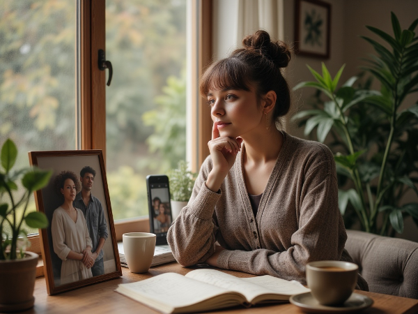 एक युवती खिड़की के पास बैठी है, अपने और अपने पार्टनर की फोटो देख रही है। मेज पर कृतज्ञता की सूची लिखी नोटबुक और चाय का प्याला है। पृष्ठभूमि में वीडियो कॉल का दृश्य दिखता फोन है।