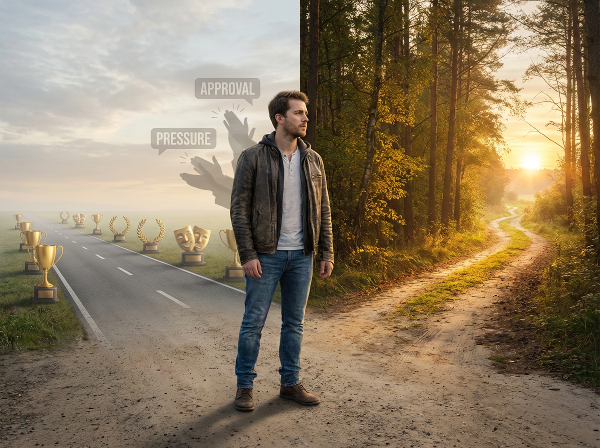 एक युवक आत्म-खोज के दो रास्तों के बीच खड़ा है: एक बाहरी अपेक्षाओं का सीधा, कठोर रास्ता और दूसरा प्राकृतिक, घुमावदार आंतरिक यात्रा का रास्ता।