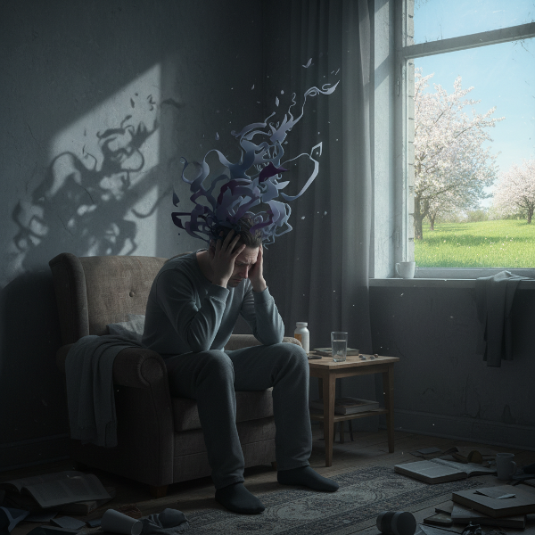 एक व्यक्ति सिरदर्द से पीड़ित है, जबकि वसंत की रोशनी खिड़की से आ रही है, जो उसके साथी के मौसमी अवसाद और उसकी अपनी साइकोसोमैटिक पीड़ा के बीच के विरोधाभास को दर्शाता है।